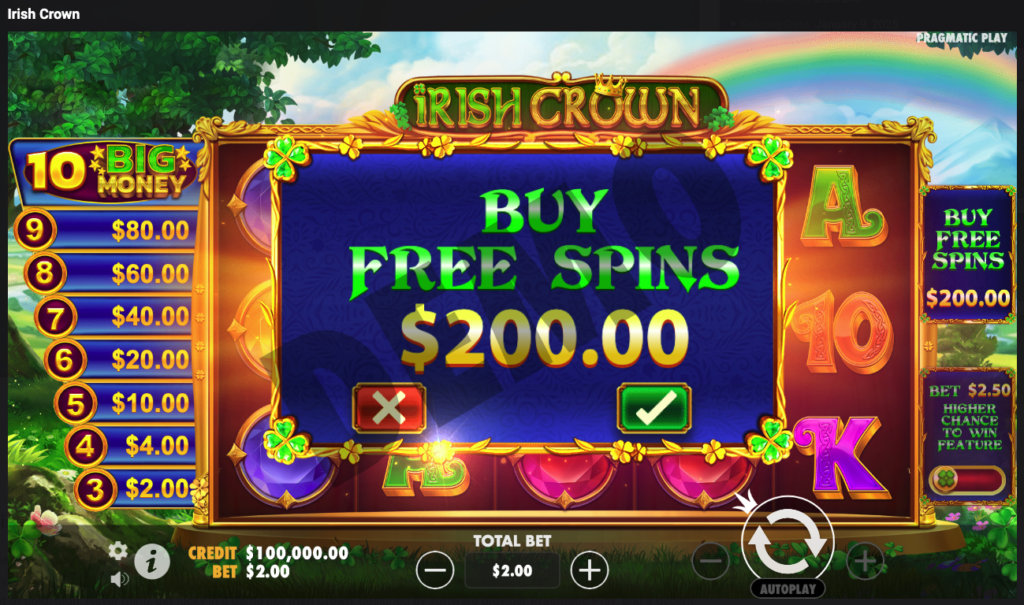 Irish Crown slot buy free spins feature.