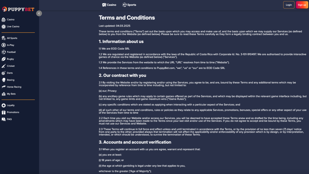 PuppBet Casino T&C's.