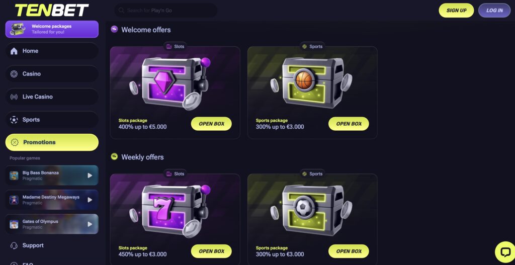Tenbet bonuses and promotions page