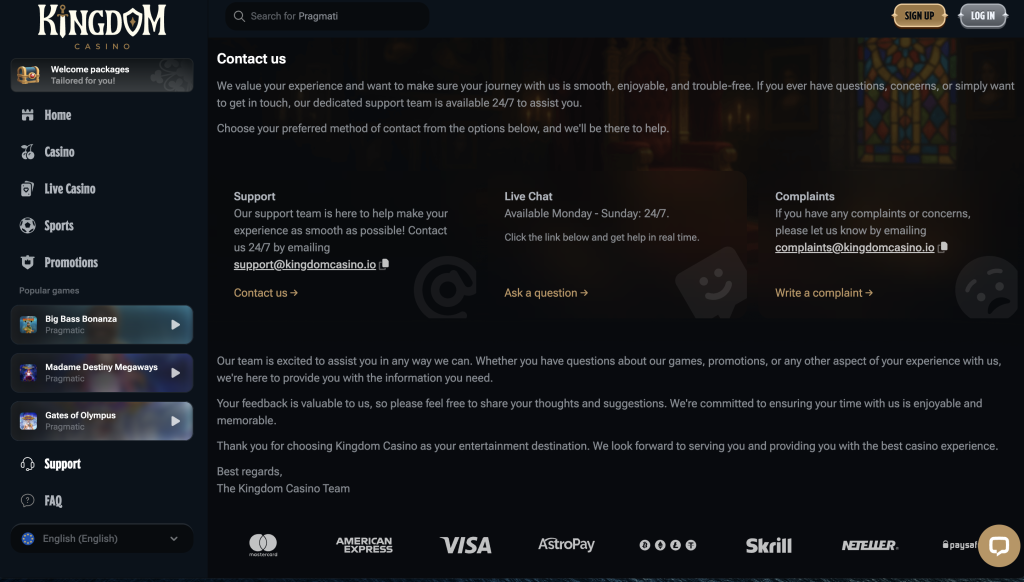Kingdom Casino Contact Information
