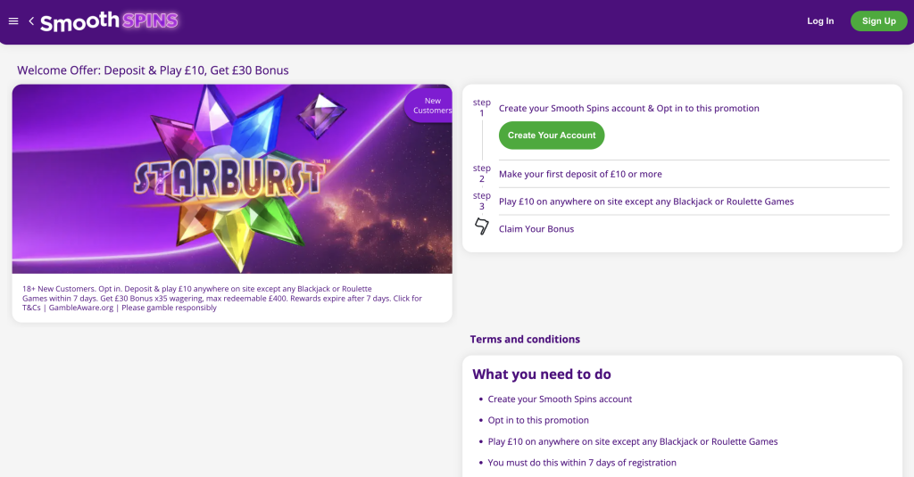 Smooth Spins welcome bonus.