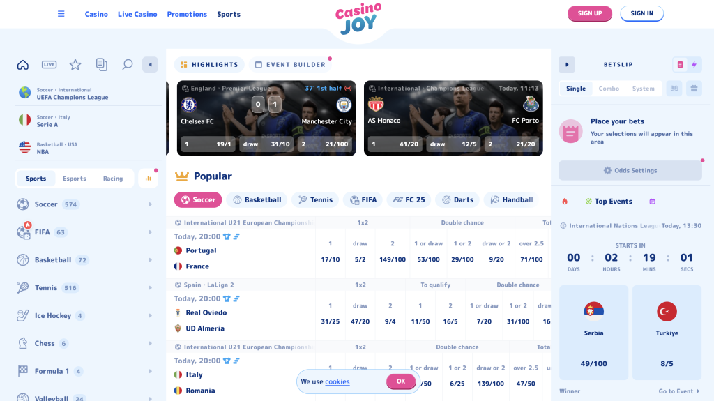Casino Joy sports betting options.