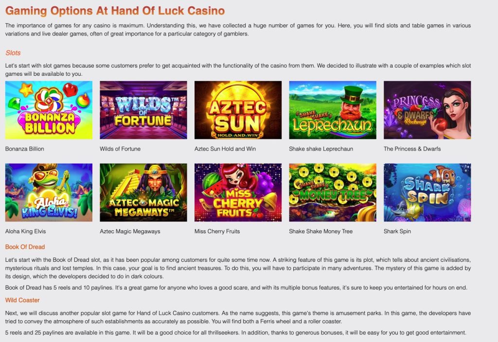 Slot game options at Hand of Luck Casino