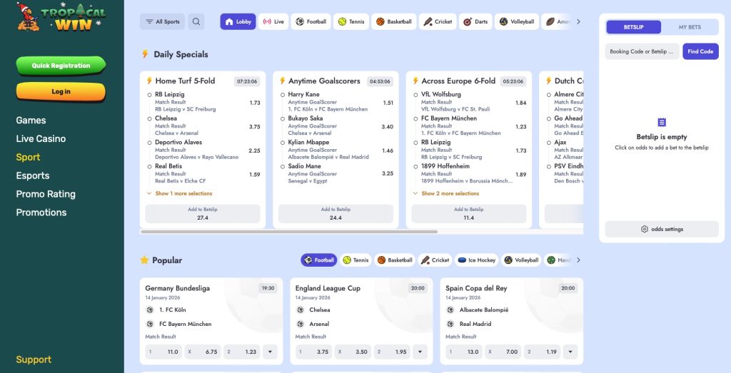 Tropical Wins Sportsbook section 