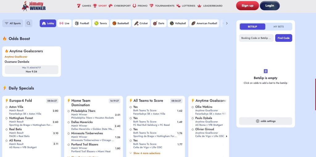 Jimmy Winner Sportsbook section with Live Betting available