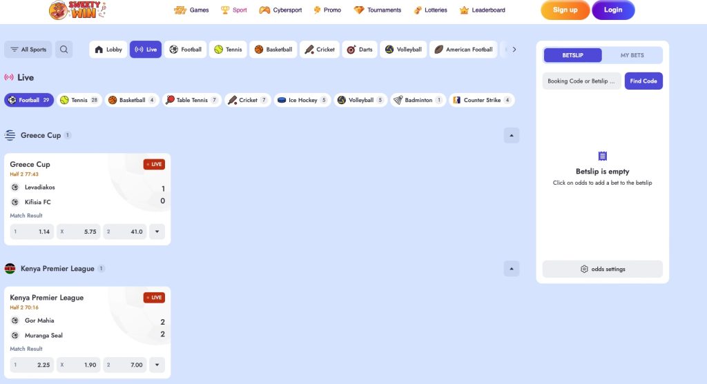 Sweet Wins Live in play betting section