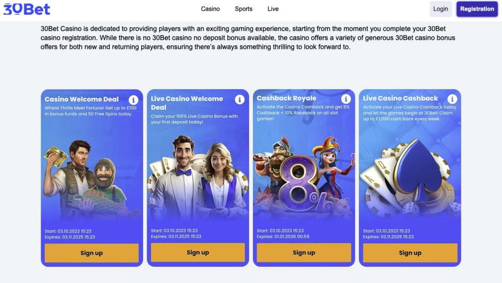 30Bet Casino Welcome Bonus