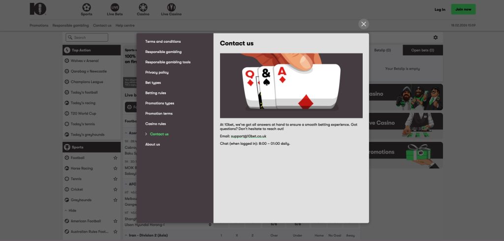 10Bet Contact options with email and live chat 